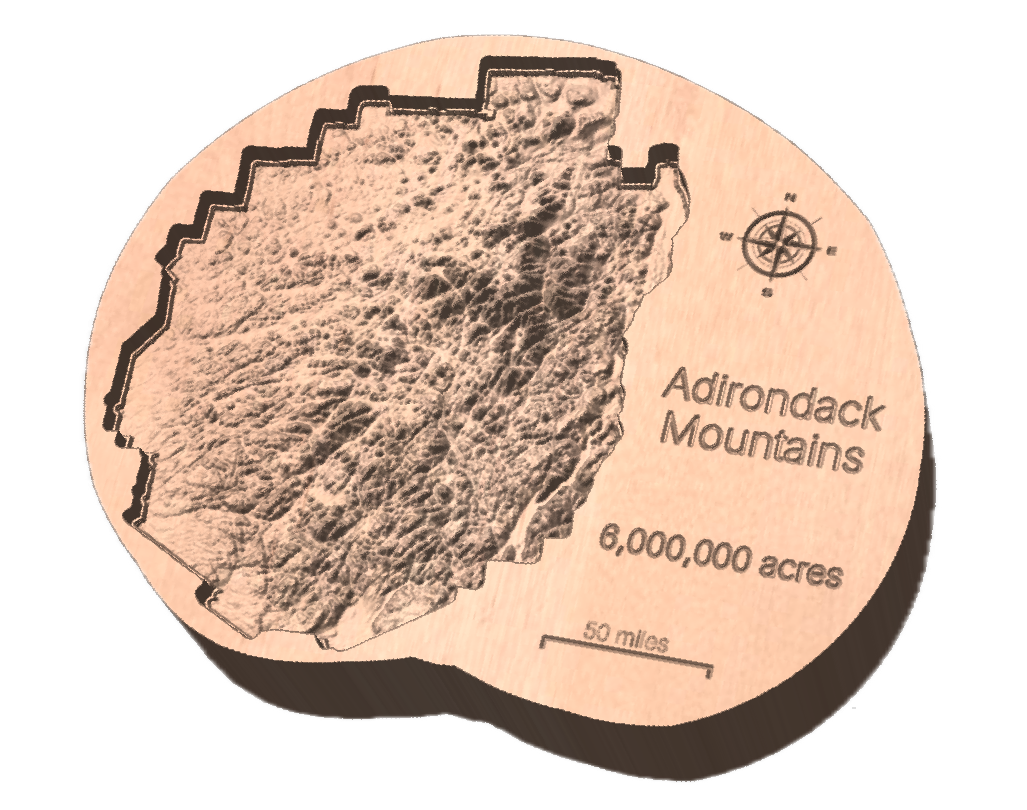 Adirondack Mountains relief map carved in yellow birch